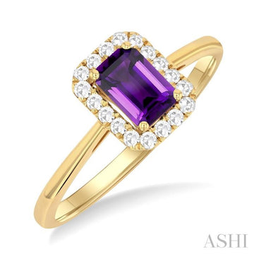 6x4 MM Octagonal Shape Amethyst and 1/6 Ctw Round Cut Diamond Halo Semi-Precious Ring in 14K Yellow Gold